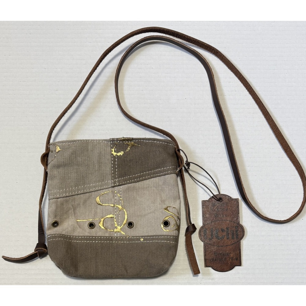 UCHI Genuine Leather‎ Trim Crossbody Bag Upcycled Vintage Wear - NWT - Size 7x7"